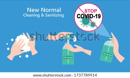 New normal concept, hand washing, hands using alcohol gel  and hand spraying 75% alcohol spray vector illustration. COVID-19 coronavirus prevention concept