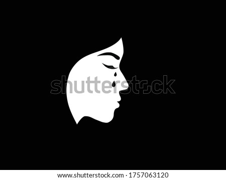 Silhouette of crying woman face on black background. Sadness and depression, broken heart feeling and stop violence against woman concept
