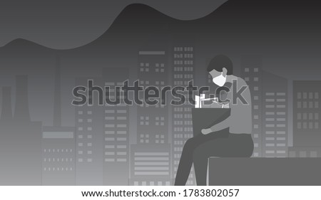 Dismissed depressed businessman holding a box. He was fired from job.  Unemployment, economic crisis, economic downturn, jobless, lay off concept after covid-19 pandemic outbreak vector illustration 