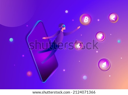 Man wearing virtual reality goggle glass, having 3d experience in cryptocurrency and financial virtual reality vector illustration. Metaverse and blockchain 3D experience technology concept