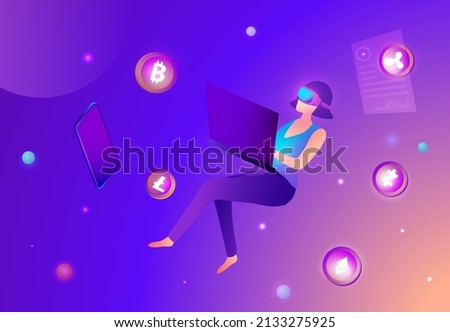 Woman wearing virtual reality goggle glass, having 3d experience in cryptocurrency and financial virtual reality vector illustration. Metaverse and blockchain 3D experience technology concept