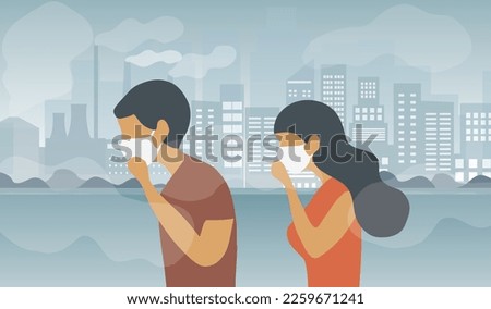 People wearing face masks tor protect smoke, pm 2.5, dust and air pollution in city, factory pipes and industrial smog vector illustration. Environment and air pollution concept background