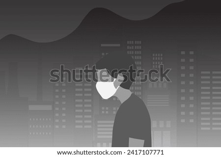 Man wearing face masks tor protect P.M. 2.5 smoke, dust and air pollution in city, factory pipes and industrial smog vector illustration. Environment and air pollution concept background