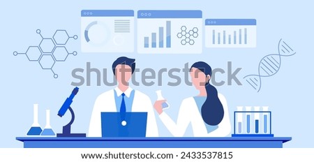 Professional scientists, doctors and chemical researchers working and analysis in laboratory experiment vector  Illustration. Medical laboratory, research experiment biology molecular concept.
