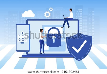 
Cyber security and data protection privacy, PDPA concept. Businessman secure data management and protect data from hacker attacks and padlock icon to internet technology networking vector illustratio