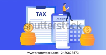 Online tax filing concept, businessman filling tax form documents online vector illustration 
