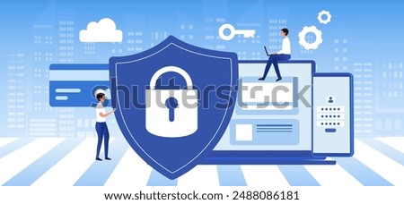 Cyber security and data protection privacy, PDPA concept. Businessman secure data management and protect data from hacker attacks and padlock icon to internet technology networking vector illustration