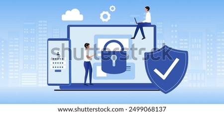 
Cyber security and data protection privacy, PDPA concept. Businessman secure data management and protect data from hacker attacks and padlock icon to internet technology networking vector illustratio