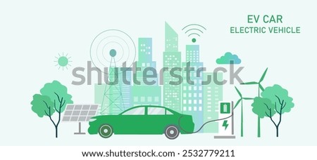 Electric car, EV car, car charging battery at electric charging station with solar panel and wind turbines. Sustainable green energy for ecology environment.