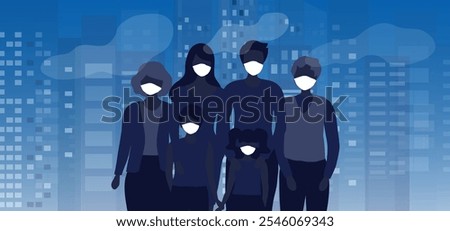 Family wearing face masks tor protect smoke, pm 2.5, dust and air pollution in city, factory pipes and industrial smog vector illustration. Environmen