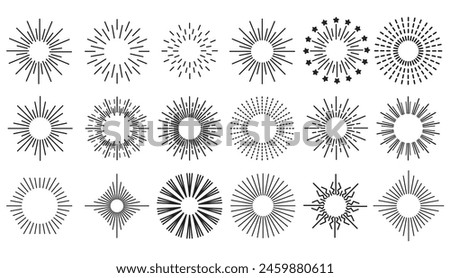 Hand-drawn rays and explosion. Doodle brush ornament lines and surprise symbol. Sun burst, shocked frame, shine starburst elements on white background