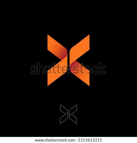 X letter like butterfly. Origami emblem. X origami logo, like orange ribbon. Two elements make up the X letter. Contour option.