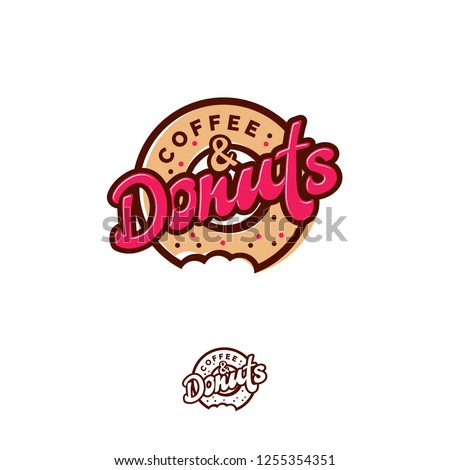 Donuts and Coffee logo. Cafe or bakery emblem. Bitten Donut with lettering and small candies. Monochrome option.
