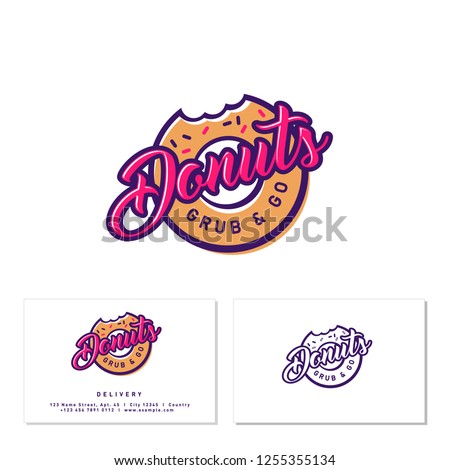 Donuts shop logo. Cafe or bakery emblem. Bitten Donut with lettering and small candies. Identity. Business Card