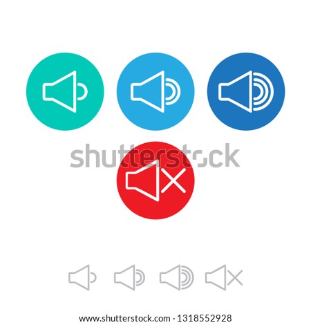 An icon that increases and reduces the sound. Icon showing the mute. A set of sound icons with different signal levels on a circle badges. Vector.