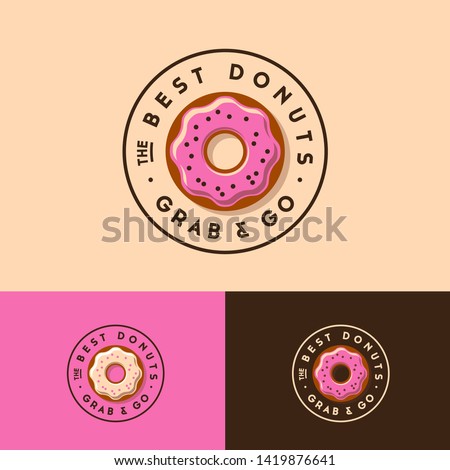 The Best Donuts logo. Bakery and donuts cafe emblem. Donut with pink icing and small candies. Identity.