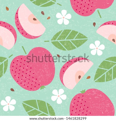 Seamless pattern. Red Apple juicy fruits leaves and flowers on shabby background. Sliced and cut fruit.