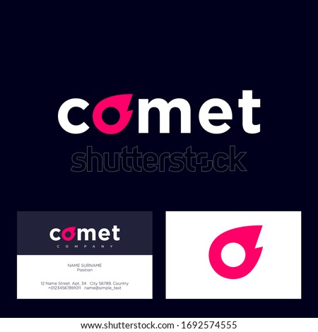 Comet logo. Letters and icon.  Letter O like red comet. Internet, games, marketing, delivery icon. Business card.