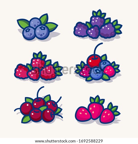 Set of illustrations for packaging. Berries with leaves. Blueberry, blackberry, raspberry, mix of different berries, cherry, strawberry.