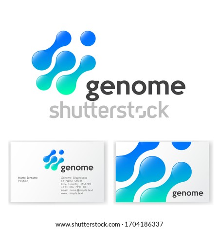 Genome logo. Abstract round shapes like molecules or gene. Blue cells on a white background. Business card.