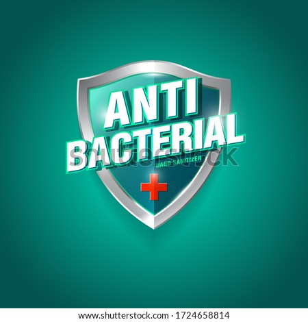 Antibacterial hand sanitizer logo. Sanitizer gel, antiseptic label. Green and silver glossy shield with letters and medical cross. 