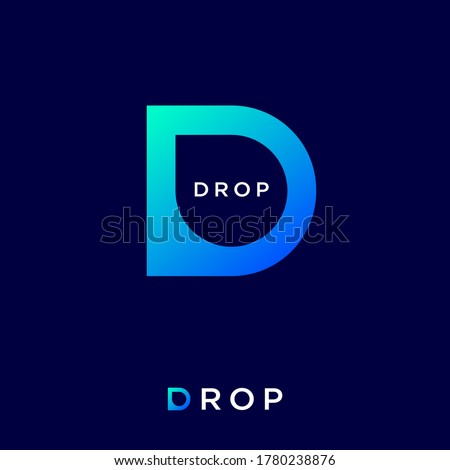 Letter D with a symbol of drop. Azure-blue logo. Clear water drop and clean environment symbol.  Logo can be used for spa, water beauty, packaging of water, cosmetics. 