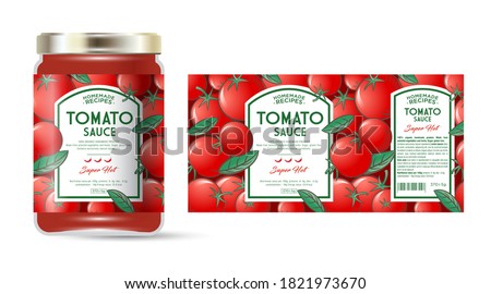 Label and packaging of tomato hot sauce with chili pepper. Jar with label. Text in frames on seamless pattern with ripe tomatoes and leaves.
