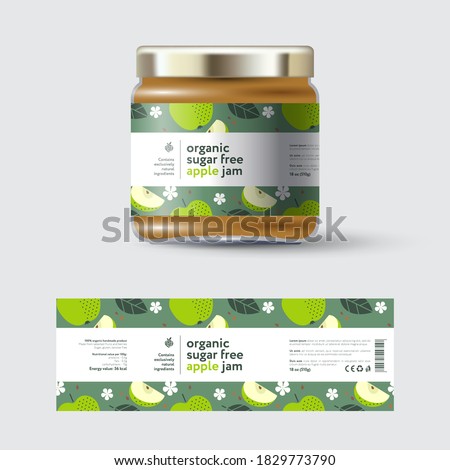 Apple Jam label and packaging. Jar with cap with label. White strip with text and on seamless pattern with fruits, flowers and leaves.