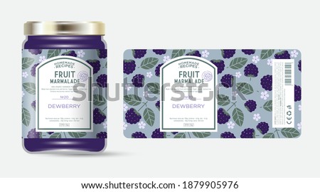 Label and packaging of dewberry marmalade. Jar with label. Text in frame with stamp (sugar free) on seamless pattern with berries, flowers and leaves.