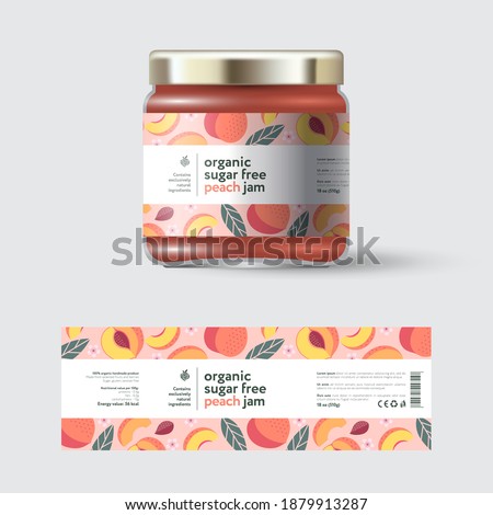 Ripe peaches fruit jam label and packaging. Jar with cap with label. White strip with text and on seamless pattern with fruits, flowers and leaves.