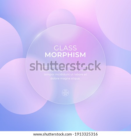 Vector image in the style of glass morphism. Translucent circle on a light background with circles. Frosted transparent glass and colored colorful circles. Place for your text.