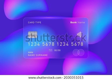 Translucent bank card and abstract shapes. Vector image in the glass morphism style. Place for your text. .
