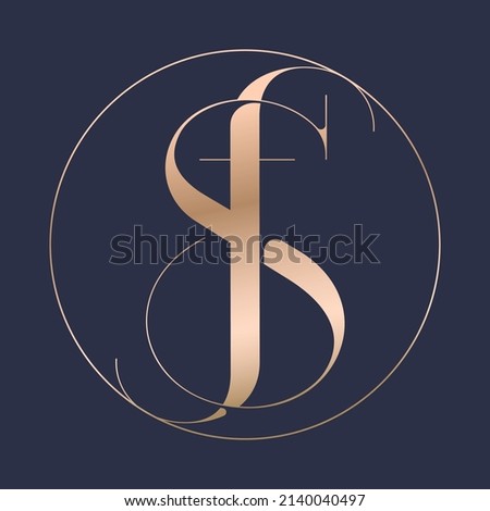 Letter S and Letter F. S and F monogram consists of intertwined elements. Gold and emblem into circle. Fashion Salon logo.