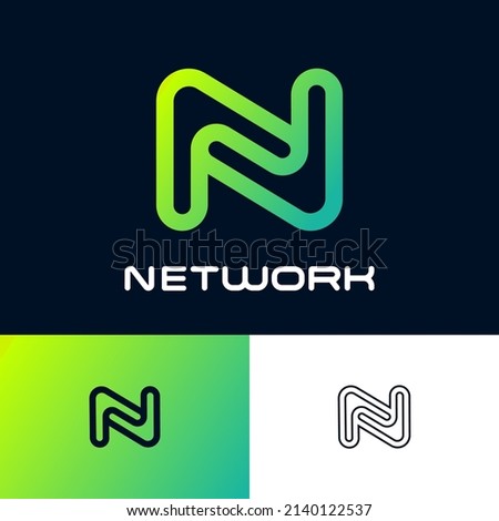 Letter N. Green intertwined elements. Network emblem.