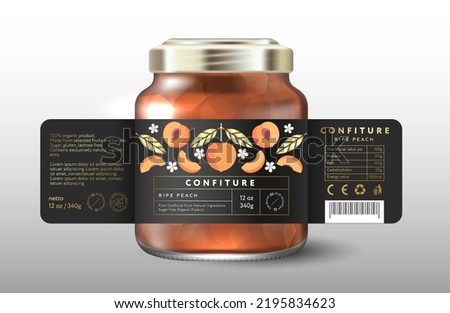 Ripe Peach confiture. Sweet food. Black label with whole peaches, halves, cut fruits and gold leaves. Mockup of Glass Jar with Label. 
