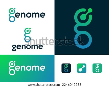 Genome logo. G monogram like molecule shapes. Green letter G. Emblem for reproduction clinic, medical center, science, beauty and health.