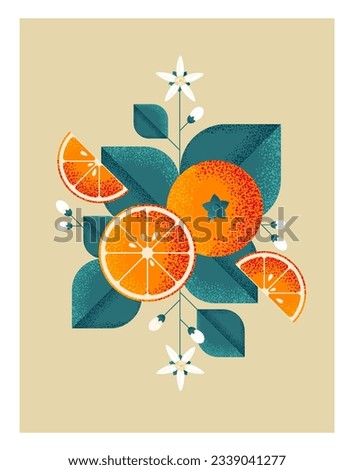 Ripe oranges with leaves and flowers. Illustration with grain and noise texture. 