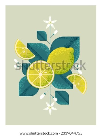 Ripe Lemons with leaves and flowers. Illustration with grain and noise texture. 