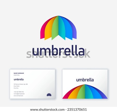 Umbrella logo. The symbol consists of bend strips of colored paper. Identity. Business card.