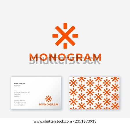 Letter X. Orange X monogram like snowflake. Corporate identity. Business card.