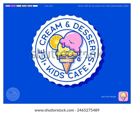 Ice Cream and Desserts logo. Kids Cafe emblem. Kawaii Ice Cream and slice of Orange with letters into circle.