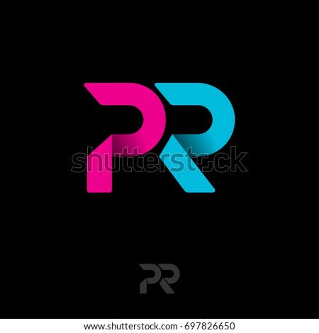 PR logo. Public relations emblem. Blue and pink origami letters on dark background. Imagine de stoc © 