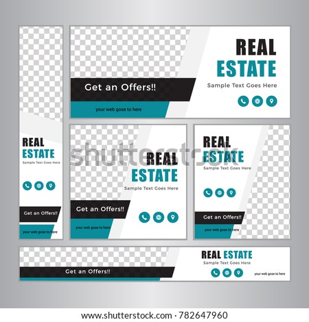 Collection blue horizontal business real state web banner set vector templates. clean modern geometric abstract background layout for website design. simple creative cover header.