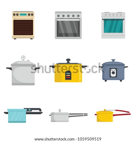 Cooker oven stove pan burner icons set. Flat illustration of 9 cooker oven stove pan burner vector icons for web