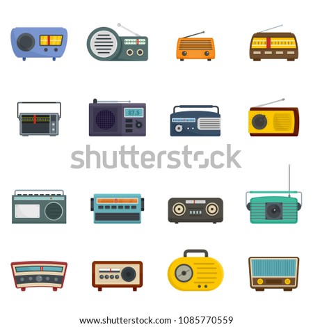 Radio music old device icons set. Flat illustration of 16 radio music old device vector icons isolated on white