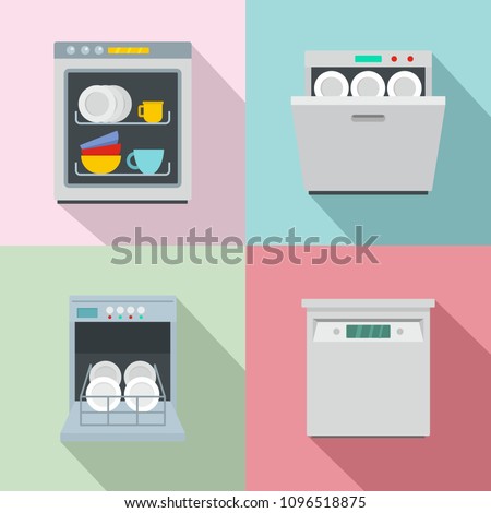 Dishwasher machine kitchen icons set. Flat illustration of 4 dishwasher machine kitchen vector icons for web