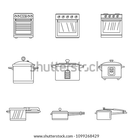 Cooker oven stove pan burner icons set. Outline illustration of 9 cooker oven stove pan burner vector icons for web