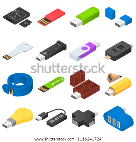 USB flash drive icons set. Isometric illustration of 16 USB flash drive vector icons for web