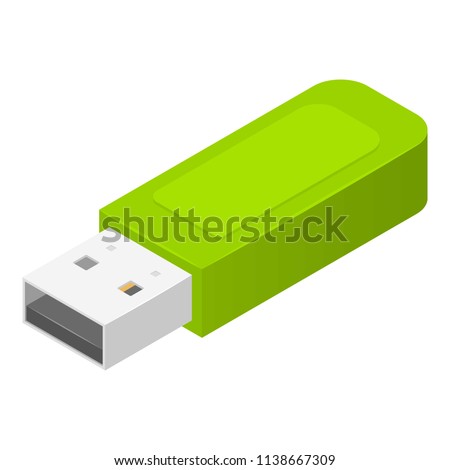 Green usb flash drive icon. Isometric of green usb flash drive vector icon for web design isolated on white background