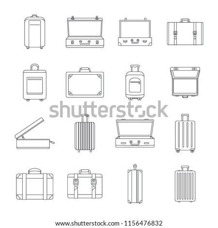Suitcase travel luggage bag briefcase icons set. Outline illustration of 16 Suitcase travel luggage bag briefcase vector icons for web